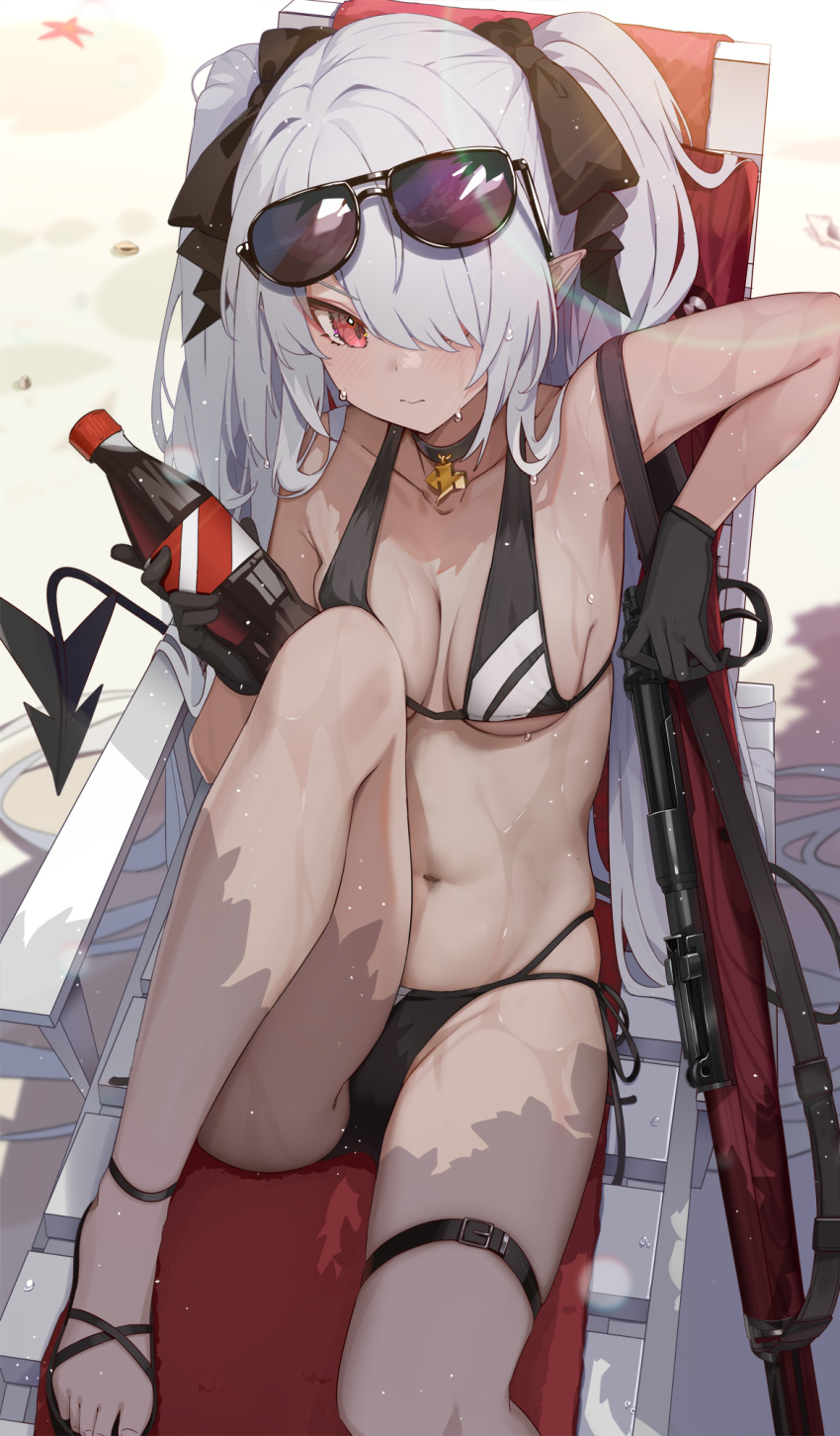 1girl armpits bare_legs bare_shoulders bikini black_bikini black_choker black_gloves blue_archive bolt_action bottle bow breasts choker cola dark-skinned_female dark_skin demon_tail eyewear_on_head gloves gun hair_bow hair_over_one_eye halterneck highres holding hukahire0120 iori_(blue_archive) iori_(swimsuit)_(blue_archive) knee_up long_hair looking_at_viewer mauser_98 multi-strapped_bikini navel official_alternate_costume pointy_ears red_eyes rifle sandals side-tie_bikini_bottom small_breasts sniper_rifle solo stomach string_bikini sunglasses swimsuit tail thigh_strap thighs twintails very_long_hair weapon wet white_hair