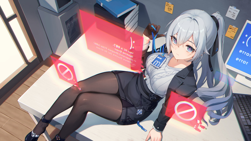 1girl absurdres black_footwear black_jacket black_pantyhose black_skirt breasts bronya_zaychik bronya_zaychik_(silverwing:_n-ex) brown_gloves closed_mouth commentary gloves grey_eyes grey_hair half_gloves hand_up highres holographic_interface honkai_(series) honkai_impact_3rd huang_tie_lin id_card indoors jacket keyboard_(computer) large_breasts long_sleeves looking_at_viewer monitor on_table open_clothes open_jacket pantyhose pencil_skirt pink_pupils ponytail ribbed_shirt shirt shirt_tucked_in sidelocks sitting skirt solo sticky_note table white_shirt