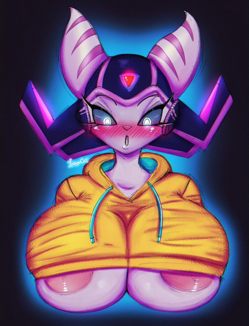 1ndigocat 2023 android anthro armor big_breasts big_nipples blush breasts bust_portrait clothing colored_sketch cute_expression fan_character female headgear helmet hi_res huge_breasts hyper hyper_breasts lombax machine mammal nipples pink_body pink_skin pink_stripes portrait ratchet_and_clank robot robot_eyes sheriff sketch solo sony_corporation sony_interactive_entertainment stripes surprise surprised_expression sweater tight_clothing toony_expression toony_eyes topwear yellow_clothing yellow_sweater yellow_topwear