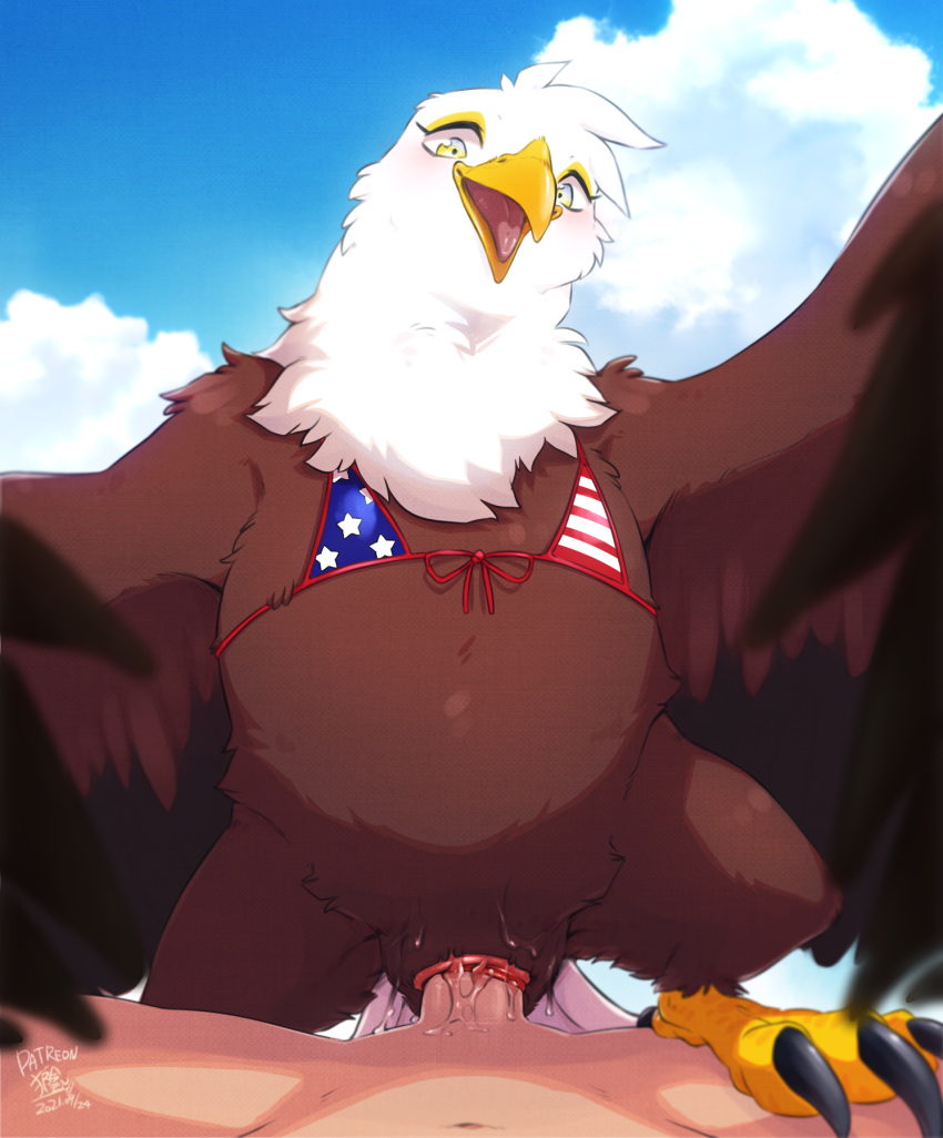 2021 accipitrid accipitriform american_flag_bikini animal_genitalia avian avian_feet bald_eagle beak bestiality bikini bikini_top bipedal_feral bird bodily_fluids bottomless brown_body brown_feathers claws cloaca cloaca_juice cloaca_juice_on_penis cloacal cloacal_penetration clothed clothed_feral clothing cloud day depth_of_field duo eagle erection feathered_wings feathers female female_on_human female_on_top female_penetrated feral feral_penetrated first_person_view flag_bikini flag_clothing flag_print flag_swimwear genital_fluids genitals hi_res human human_on_feral human_penetrating human_penetrating_feral human_pov humanoid_genitalia humanoid_penis ingi interspecies looking_at_viewer male male/female male_on_bottom male_on_feral male_penetrating male_penetrating_female male_pov mammal on_bottom on_top open_beak open_mouth patriotic_clothing penetrating_pov penetration penile penile_penetration penis penis_in_cloaca print_bikini print_clothing print_swimwear sea_eagle sex shaded signature sky spread_wings swimwear tail_feathers talons toe_claws tongue white_body white_feathers wings yellow_eyes