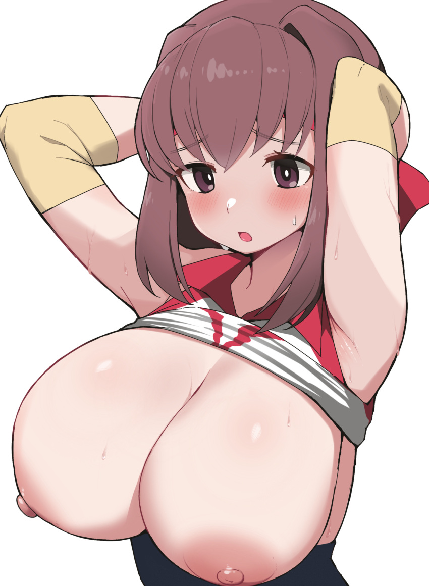 1girl absurdres blush breasts brown_eyes brown_hair cleavage clothes_lift clothing_aside elbow_sleeve girls_und_panzer hair_between_eyes headband highres kondou_taeko large_breasts looking_at_breasts medium_hair nipples one-piece_swimsuit open_mouth red_headband shirt_lift simple_background solo swimsuit swimsuit_aside undersized_clothes water_drop white_background yabai_gorilla