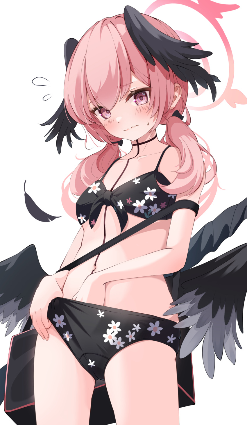 1girl absurdres bag bikini black_bag black_bikini black_bow black_wings blue_archive blush bow breasts closed_mouth collarbone commentary feathered_wings floral_print front-tie_bikini_top front-tie_top hair_between_eyes hair_bow hair_over_shoulder halo hand_in_panties head_wings highres koharu_(blue_archive) koharu_(swimsuit)_(blue_archive) long_hair looking_at_viewer low_twintails low_wings navel official_alternate_costume panties pink_eyes pink_hair pink_halo print_bikini she100legs shoulder_bag simple_background small_breasts solo spaghetti_strap swimsuit twintails underwear wavy_mouth white_background wings