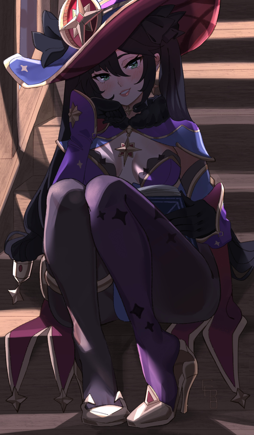 1girl absurdres black_hair blue_cape breasts brooch cape ceroccb cleavage detached_sleeves genshin_impact head_on_hand high_heels highres jewelry leotard lips long_hair looking_at_viewer mona_(genshin_impact) sitting small_breasts smile solo star_(symbol) star_brooch star_print twintails witch