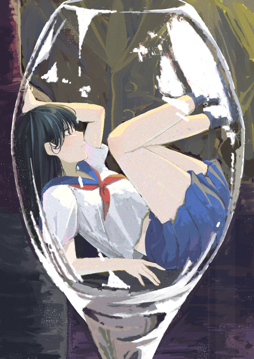 black_hair black_socks blue_sailor_collar blue_skirt bottle commentary cup drinking_glass harikonoma highres legs legs_folded long_hair mini_person minigirl neckerchief original pleated_skirt red_eyes red_neckerchief sailor_collar school_uniform serafuku shirt skirt socks stuck surreal symbol-only_commentary white_shirt wine_bottle wine_glass