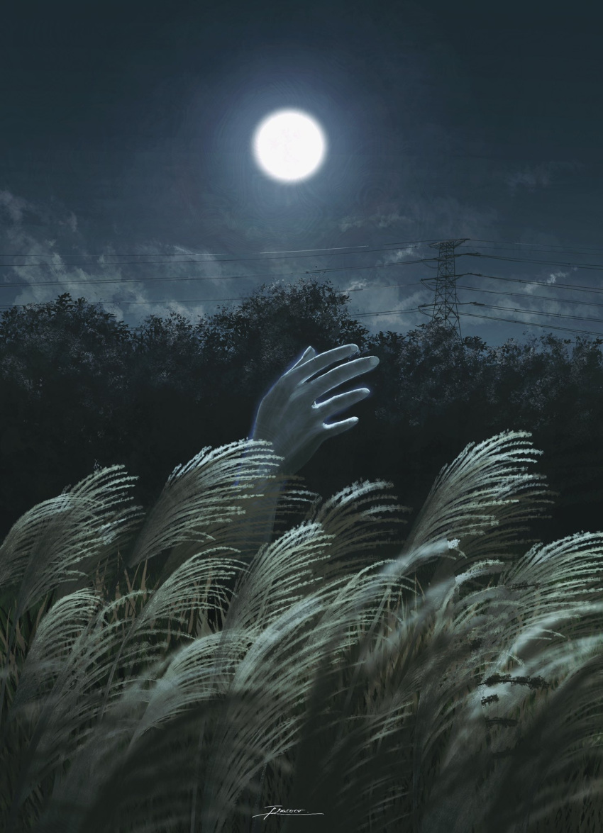 arm_up artist_name cloud cloudy_sky disembodied_limb fracoco ghost hand_focus highres moon night no_humans original outdoors power_lines sky transmission_tower tree wheat_field