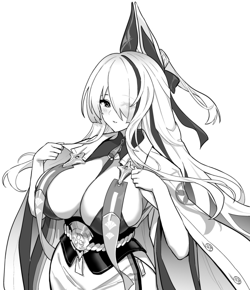 1girl azur_lane azur_lane:_slow_ahead breasts eyes_visible_through_hair greyscale hair_ornament hair_over_one_eye hands_up highres hori_(hori_no_su) japanese_clothes large_breasts long_coat long_hair looking_at_viewer monochrome multicolored_hair official_art parted_lips sakuramon simple_background solo streaked_hair unzen_(azur_lane) white_background wide_sleeves