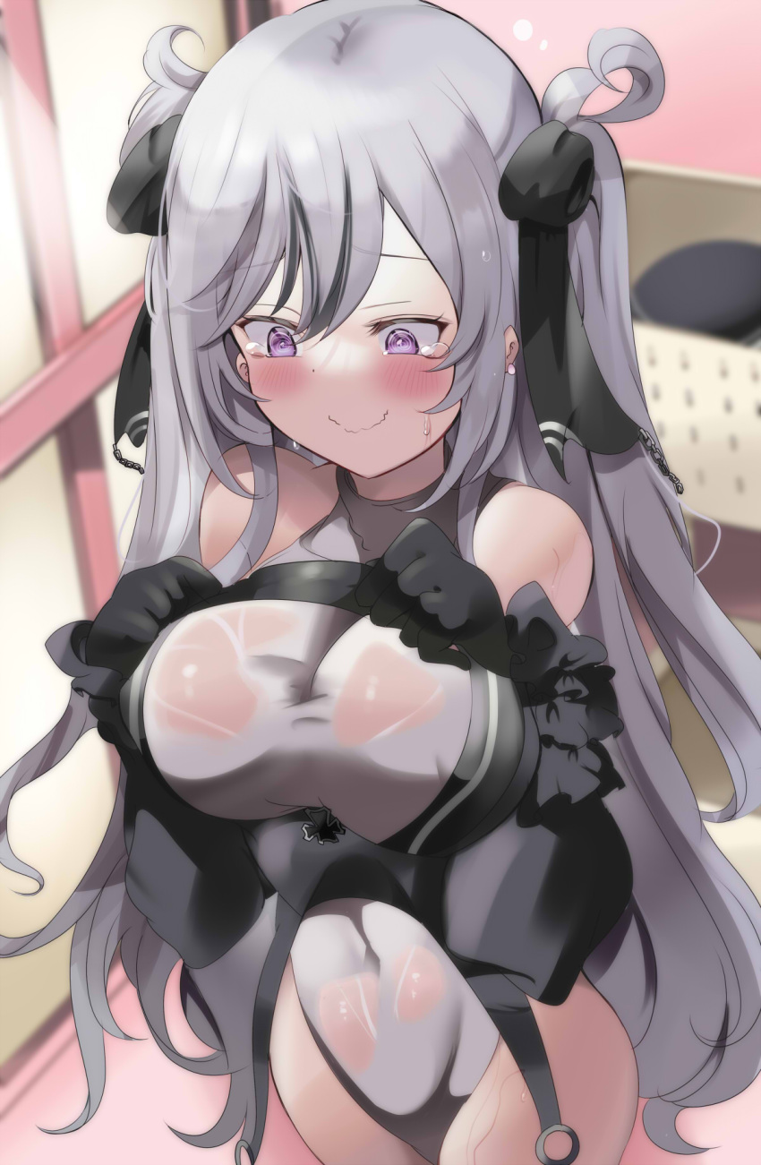 azur_lane black_gloves covered_navel cross elbe_(azur_lane) from_above gloves grey_hair hair_ribbon hands_on_own_chest highres iron_cross leotard long_hair ribbon sleeveless tearing_up tonchinkan twintails two_side_up wavy_mouth wet wet_clothes wet_leotard white_leotard