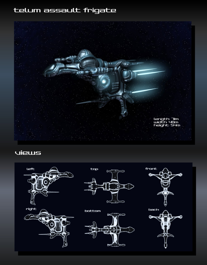 3d assault_ship_(eve_online) commentary concept_art eve_online flying frigate_(eve_online) from_side gallente_federation_(eve_online) glowing highres military_vehicle multiple_views no_humans original outdoors science_fiction sky space spacecraft star_(sky) starry_sky tech_2_ship_(eve_online) thrusters toneloperu vehicle_focus