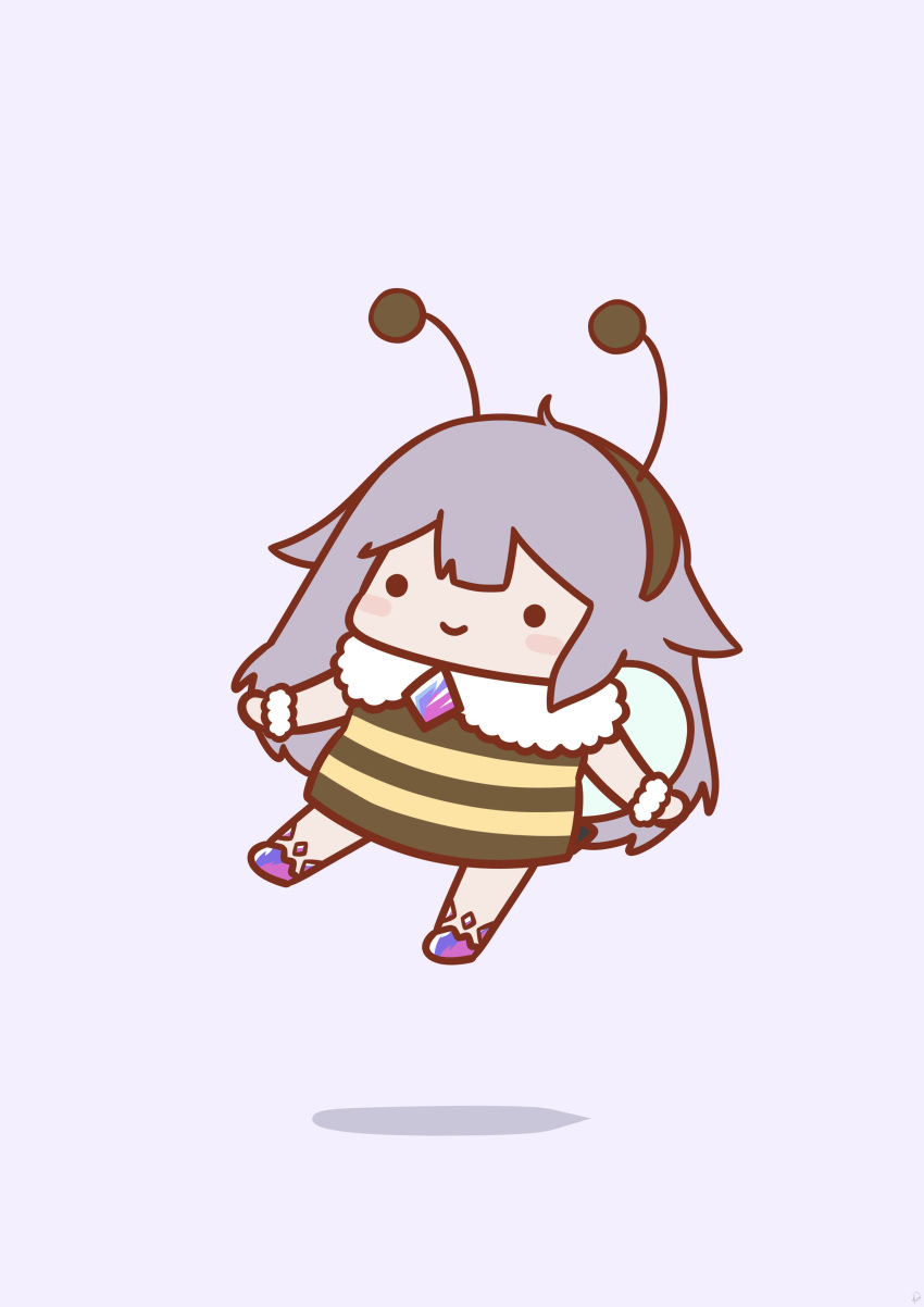 1girl absurdres alternate_costume bee_costume bee_hair_ornament bee_wings blush_stickers chest_jewel chibi flying full_body grey_hair hair_flaps highres hololive hololive_english koseki_bijou long_hair outstretched_arms phdpigeon pun shadow simple_background smile solid_circle_eyes solo spread_arms virtual_youtuber