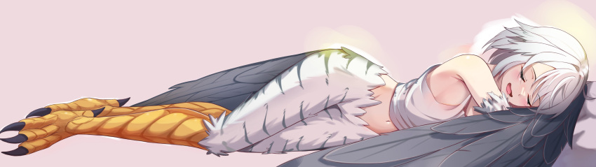 1girl absurdres bare_shoulders bird_legs bird_tail blush c_turtle claws closed_eyes commentary drooling english_commentary grey_feathers harpy highres medium_hair midriff monster_girl navel open_mouth original sleeping solo tail tail_feathers talons tank_top valk_(devalk) white_hair white_tank_top winged_arms wings