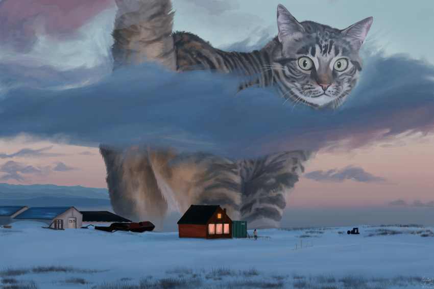 ambiguous_gender brown-body building carlos-a-m cloud digital_media_(artwork) domestic_cat extreme_size_difference felid feline felis feral fluffy fur green_eyes hi_res landscape landscape_dwarfing macro mammal outside painting_(artwork) size_difference sky snow solo sunset traditional_media_(artwork) tuft whiskers