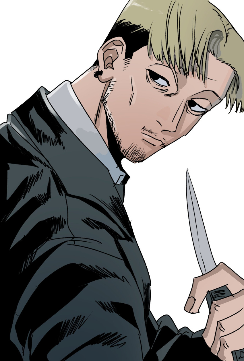 1boy bithmath black_coat blonde_hair chainsaw_man coat collared_shirt ear_piercing facial_hair formal highres holding holding_knife kishibe_(chainsaw_man) knife looking_to_the_side piercing shirt short_hair simple_background solo stubble suit undercut white_background white_shirt