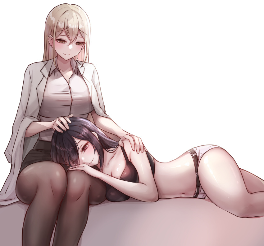 2girls absurdres belt black_bra black_hair black_pantyhose black_skirt blonde_hair bra breasts brown_eyes cheonju closed_mouth coat collarbone hair_between_eyes half-closed_eyes hand_on_another's_head hand_on_another's_shoulder hand_on_another's_thigh highres korean_commentary lap_pillow large_breasts looking_down lying multiple_girls navel on_side original pantyhose red_eyes short_shorts shorts simple_background sitting skirt smile stomach thighs underwear white_background white_coat white_shorts yuri
