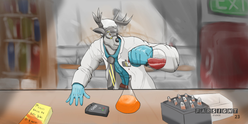 anthro antlers blue_clothing blue_shirt blue_topwear book chemistry chocolatefunhouse69 clothing coat deer eyewear fur gloves goggles grey_body grey_fur hair handwear hi_res horn lab_coat laboratory latex_gloves male mammal necktie phone phone_call safety_goggles sample science shirt solo solo_focus topwear white_hair