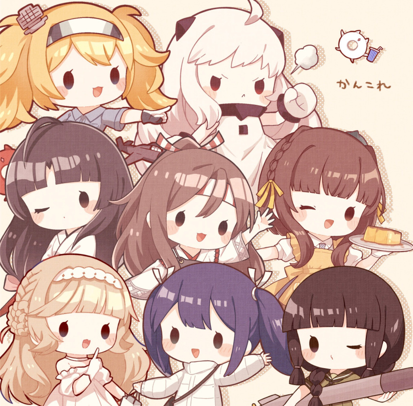 6+girls :&lt; =3 abyssal_ship apron bag black_hair blonde_hair blue_hair blue_shirt blunt_bangs brown_hair chibi closed_mouth copyright_name dress enemy_lifebuoy_(kancolle) gambier_bay_(kancolle) gloves hair_ribbon hairband headband highres holding holding_torpedo japanese_clothes kantai_collection kitakami_(kancolle) long_hair mittens multiple_girls muneate nada_namie northern_ocean_princess one_eye_closed open_mouth pointing ranger_(kancolle) ribbon sailor_collar school_uniform serafuku shirt shouhou_(kancolle) simple_background sleeveless sleeveless_dress souryuu_(kancolle) torpedo twintails ukuru_(kancolle) white_dress white_gloves white_hair wide_sleeves yellow_apron zuihou_(kancolle)