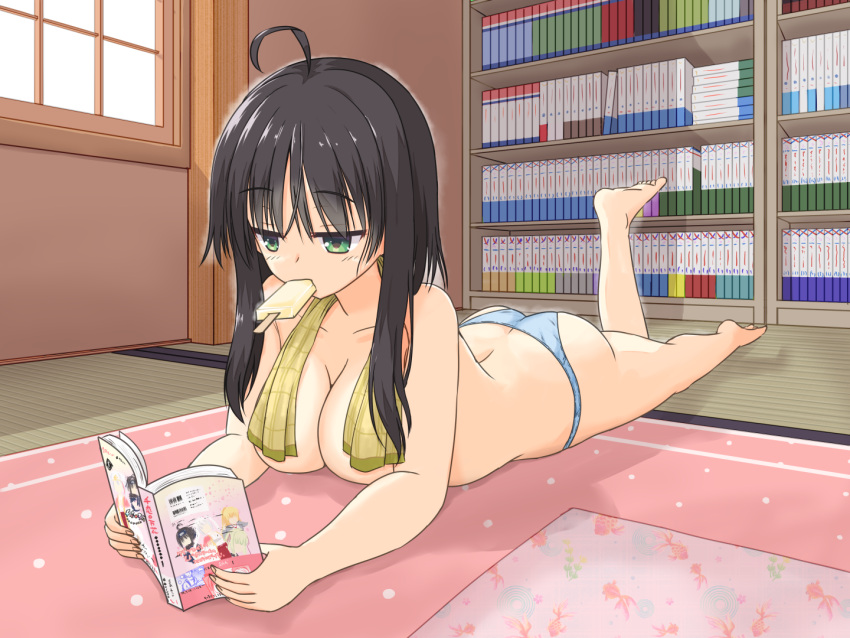 1girl ahoge arm_support ass back bare_arms bare_legs barefoot black_hair blue_panties book bookshelf breasts cleavage collarbone commentary_request copyright_name day eyelashes feet fingernails food food_in_mouth foreshortening full_body green_eyes hair_between_eyes hitachi_mako holding holding_book indoors jitome large_breasts leg_up light_blush looking_down lying on_stomach open_book panties popsicle popsicle_in_mouth reading relaxing senren_banka shirayamakoma short_hair_with_long_locks sidelocks solo tatami the_pose toes topless towel towel_around_neck underwear window