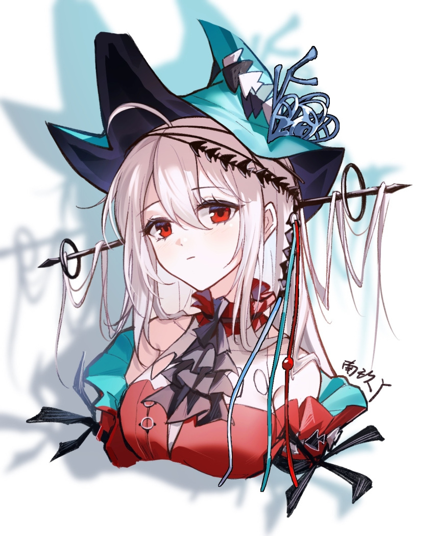 1girl ahoge arknights ascot bare_shoulders black_ascot blue_headwear breasts commentary_request cropped_torso dress highres long_hair medium_breasts nan_jiu_(4517121392) red_dress red_eyes skadi_(arknights) skadi_the_corrupting_heart_(arknights) solo upper_body white_background white_hair
