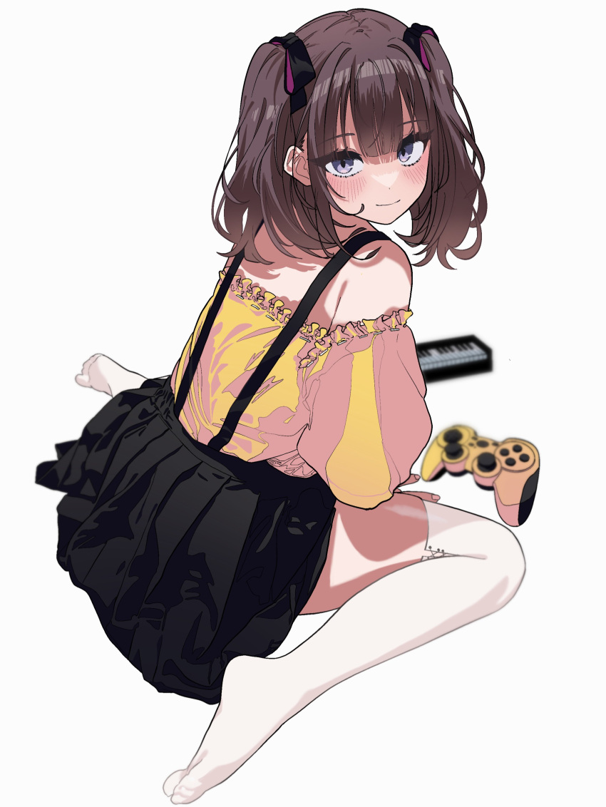 1girl absurdres bare_shoulders black_skirt blush brown_eyes brown_hair closed_mouth frills full_body hair_behind_ear hair_ribbon hand_on_ground highres instrument invisible_floor keyboard_(instrument) looking_at_viewer looking_back luvluvvox off-shoulder_shirt off_shoulder on_ground original playstation_controller ribbon shirt simple_background sitting skirt smile socks solo suspenders thighhighs thighs toes twintails wariza white_background white_thighhighs