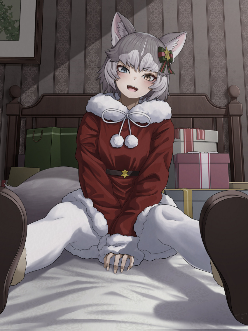 1girl :d absurdres animal_ear_fluff animal_ears bag bed_sheet belt between_legs blue_eyes bow box coat commentary_request deku_suke dog_(mixed_breed)_(kemono_friends) dog_ears dog_girl dog_tail foreshortening fur-trimmed_coat fur_collar fur_trim gift gift_box grey_hair hair_bow hand_between_legs head_tilt heterochromia highres indoors kemono_friends long_sleeves looking_at_viewer multicolored_hair open_mouth pantyhose paper_bag pom_pom_(clothes) red_coat short_hair sitting sleeves_past_wrists smile solo tail two-tone_hair white_hair white_pantyhose yellow_eyes