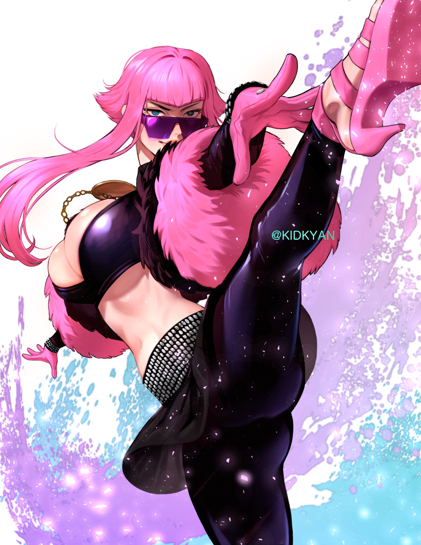 1girl absurdres blue_eyes breasts cleavage gloves high_heels highres hime_cut kidkyan large_breasts latex leg_up leggings manon_(street_fighter) midriff pink_footwear pink_gloves pink_hair sidelocks street_fighter street_fighter_6 sunglasses