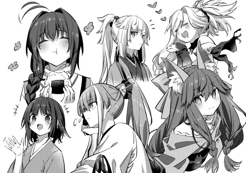 absurdres ahoge ahoge_wag androgynous animal_ears archer_(fate/samurai_remnant) asymmetrical_hair bow braid braided_ponytail braided_sidelock chinese_hairpin drooling eating expressive_hair fate/samurai_remnant fate_(series) food fox_ears fox_girl greyscale hair_bow hair_intakes hair_ornament heart high_ponytail highres japanese_clothes kimono magatama miyamoto_musashi_(fate) monochrome mouth_drool multicolored_hair ogasawara_kaya onigiri ponytail saber_(fate/samurai_remnant) short_eyebrows sleeveless sleeveless_kimono streaked_hair swept_bangs tamamo_(fate) tamamo_aria_(fate) tassel tassel_hair_ornament tsubaki_no_ai xiao_guan_(headdress) yui_shousetsu_(fate)