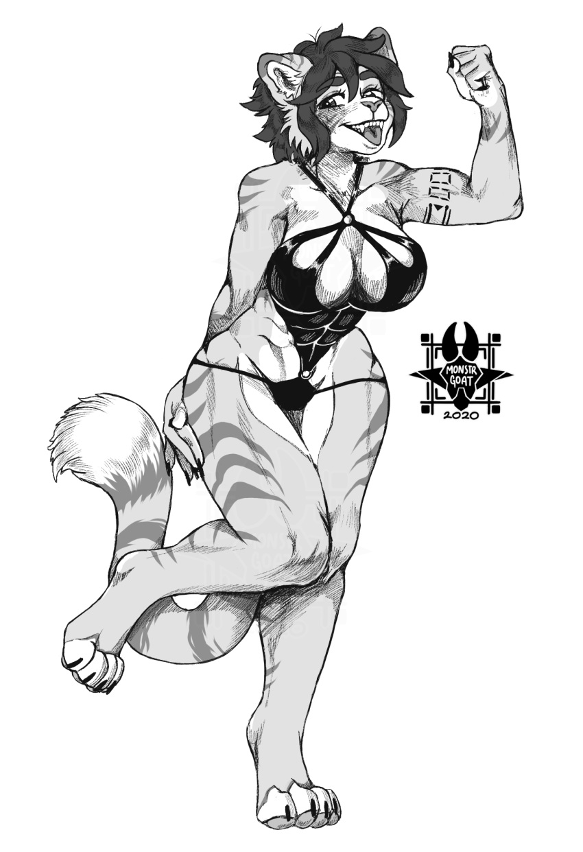 anthro arm_tattoo biceps big_breasts bikini breasts claws clothing digital_media_(artwork) digitigrade eyebrows fangs felid female feralis fur hair hi_res humanoid hybrid lauren_vanpelt liger mammal monstrgoat muscular muscular_female one_piece_suit open_mouth pantherine paws rounded_ears solo striped_body stripes swimwear tattoo teeth thick_eyebrows thick_thighs