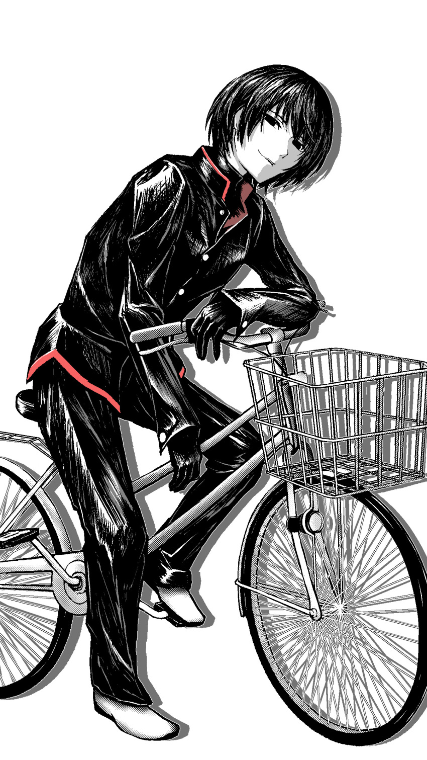 1boy absurdres androgynous bicycle bicycle_basket black_eyes black_gloves black_hair black_jacket black_pants black_undershirt closed_mouth colored_skin commentary empty_eyes full_body gakuran gloves hanamonogatari highres jacket monogatari_(series) naoetsu_high_school_uniform oshino_ougi pants school_uniform short_hair smile tsukihi_shida white_footwear white_skin