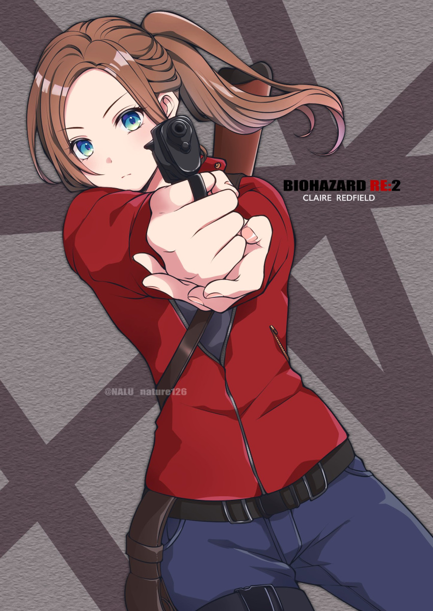 1girl aiming aiming_at_viewer blue_eyes blue_pants brown_hair character_name claire_redfield closed_mouth cowboy_shot gun handgun highres holding holding_gun holding_weapon holster jacket long_hair long_sleeves looking_at_viewer nalu own_hands_together pants parted_bangs ponytail red_jacket resident_evil resident_evil_2 solo thigh_strap twitter_username weapon
