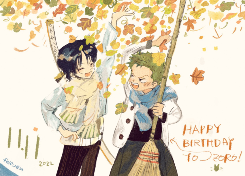 1boy 1girl 2022 aged_down artist_name black_hair blue_scarf blush broom child closed_eyes feet_out_of_frame feleven green_hair happy_birthday highres holding holding_broom kuina leaf maple_leaf one_piece open_mouth roronoa_zoro scarf short_hair smile sword sword_behind_back teeth v-shaped_eyebrows weapon white_scarf