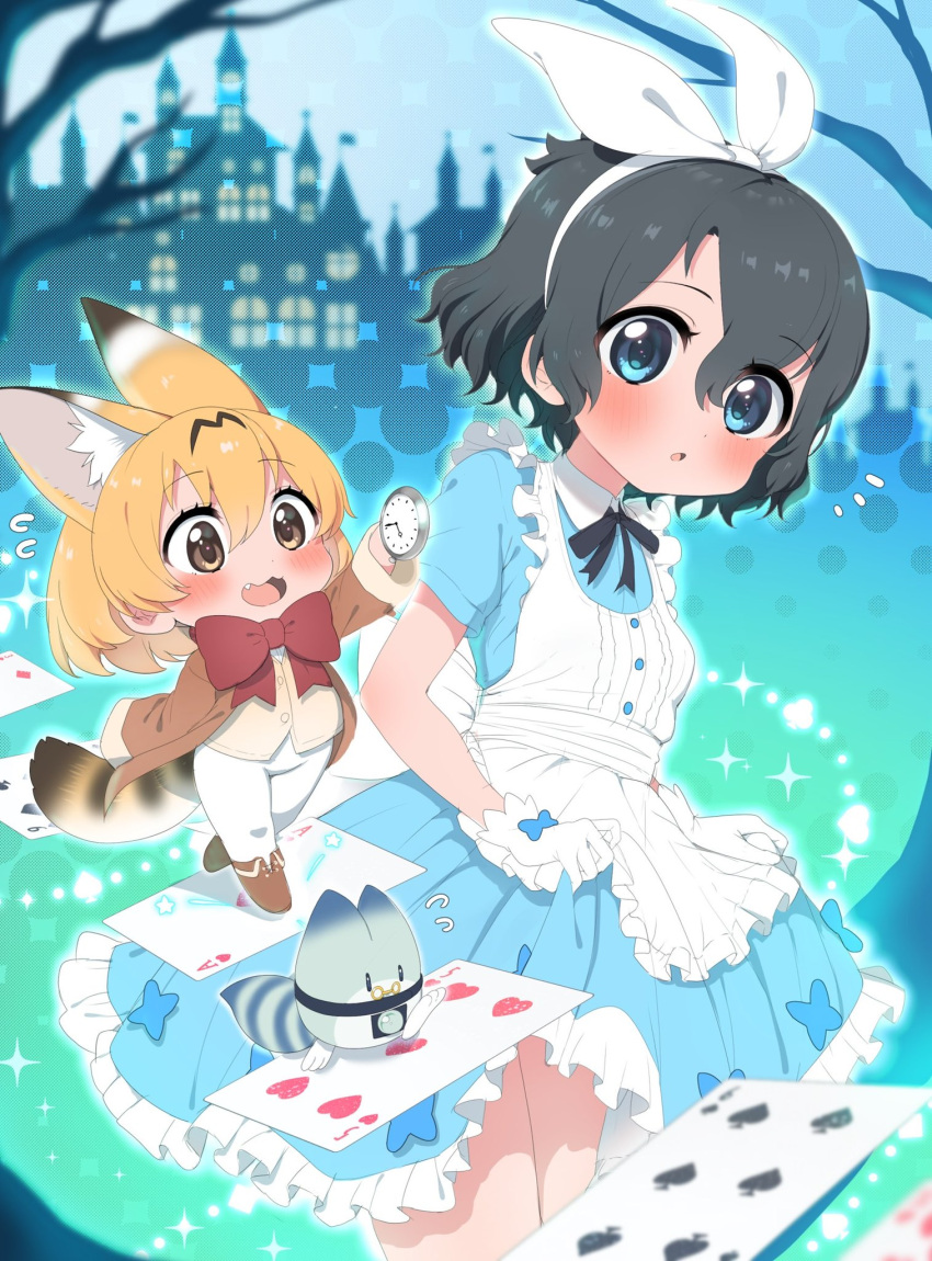 2girls :3 alice_(alice_in_wonderland) alice_(alice_in_wonderland)_(cosplay) alice_in_wonderland animal_ears apron black_bow black_bowtie black_hair blonde_hair blue_dress blue_eyes blush boots bow bowtie brown_footwear brown_jacket card cat_ears cat_girl cat_tail clock collared_dress cosplay dress extra_ears fang frilled_apron frills gloves hair_between_eyes hair_bow highres jacket kaban_(kemono_friends) kemono_friends long_sleeves lucky_beast_(kemono_friends) mad_hatter_(alice_in_wonderland) mad_hatter_(alice_in_wonderland)_(cosplay) multiple_girls open_clothes open_jacket open_mouth pants playing_card pleated_dress ransusan red_bow red_bowtie serval_(kemono_friends) short_hair short_sleeves sidelocks smile tail vest white_apron white_bow white_gloves white_pants white_vest yellow_eyes