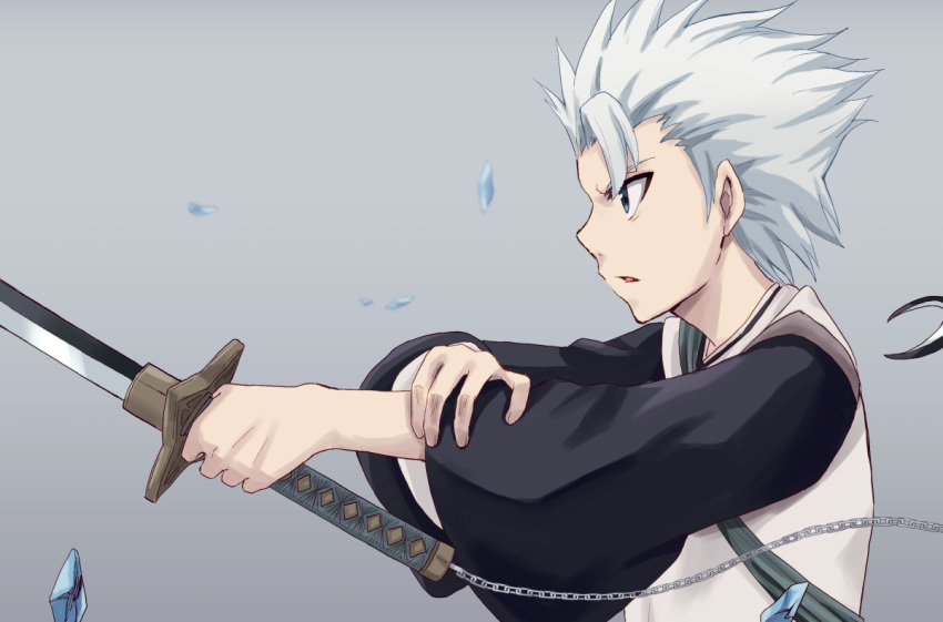 1boy bleach crystal green_eyes grey_background hand_on_own_arm haori hitsugaya_toushirou holding holding_sword holding_weapon japanese_clothes long_sleeves male_focus open_mouth shizupu spiked_hair sword weapon white_hair