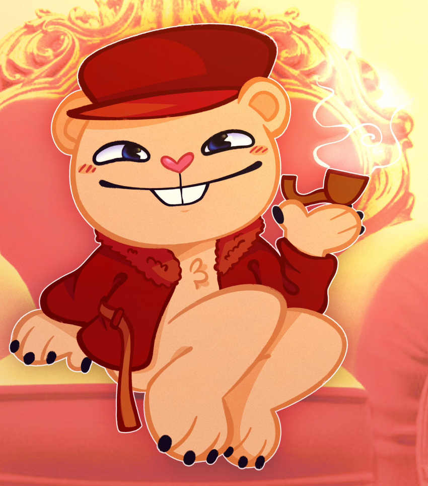 &lt;3 anthro bathrobe bear blue_eyes blush buckteeth claws clothed clothing happy_tree_friends hat headgear headwear heart_nose hi_res male mammal open_clothing open_robe pipe pop_(htf) robe salamikii smile smoking solo suggestive_pose teeth