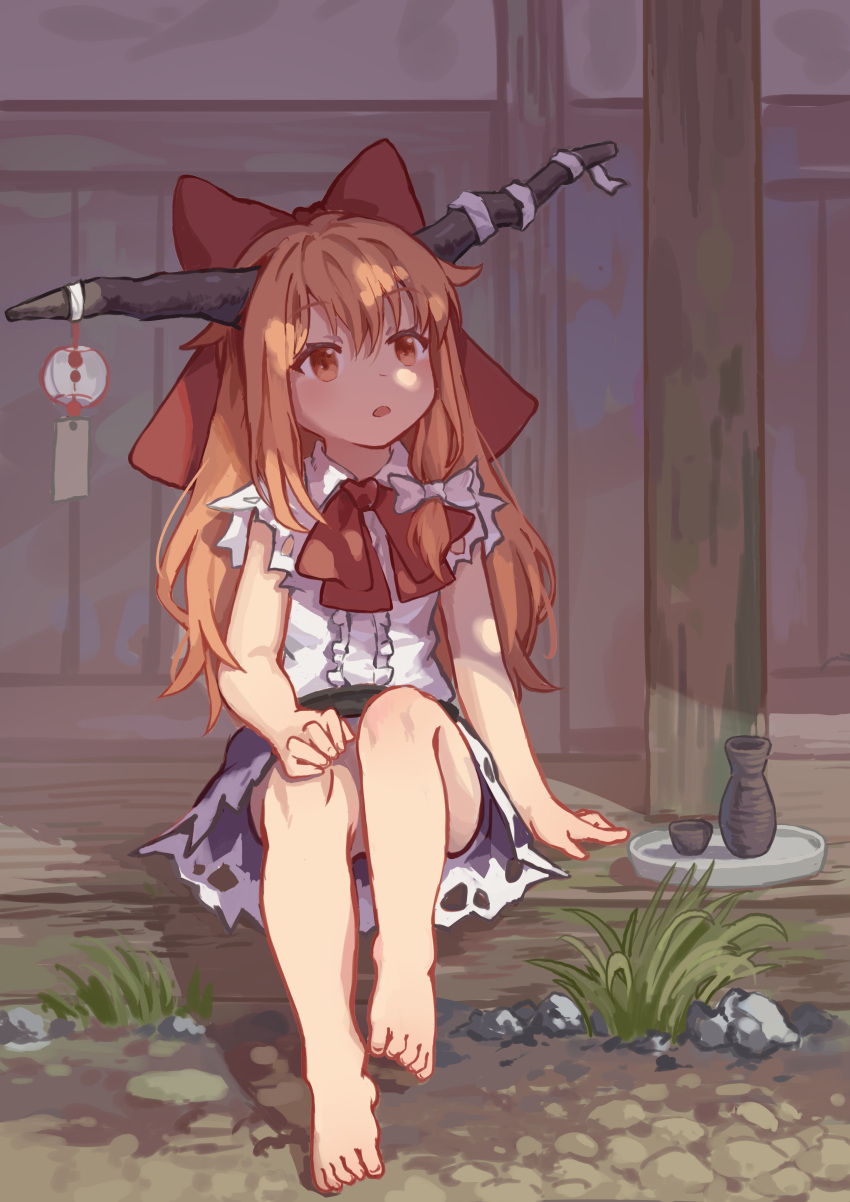 1girl absurdres barefoot bow center_frills frills hair_between_eyes hair_bow highres horns ibuki_suika long_hair oni_horns open_mouth orange_eyes orange_hair outdoors print_skirt purple_skirt rangque_(user_vjjs4748) red_bow shirt short_sleeves sitting skirt solo torn_clothes torn_sleeves touhou white_shirt