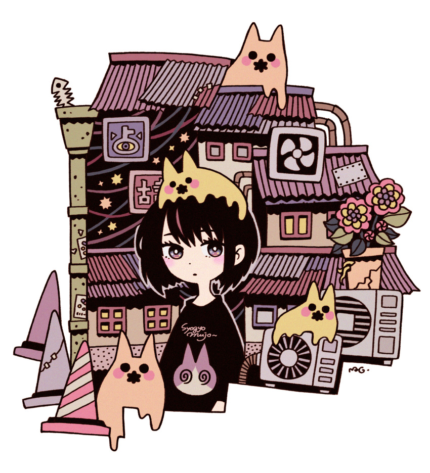 1girl black_hair building crack fish_skeleton flat_color flower garouma grey_outline highres leaf multicolored_eyes multicolored_hair original pink_flower pink_hair plant potted_plant print_shirt roots shirt short_hair streaked_hair traffic_cone white_background