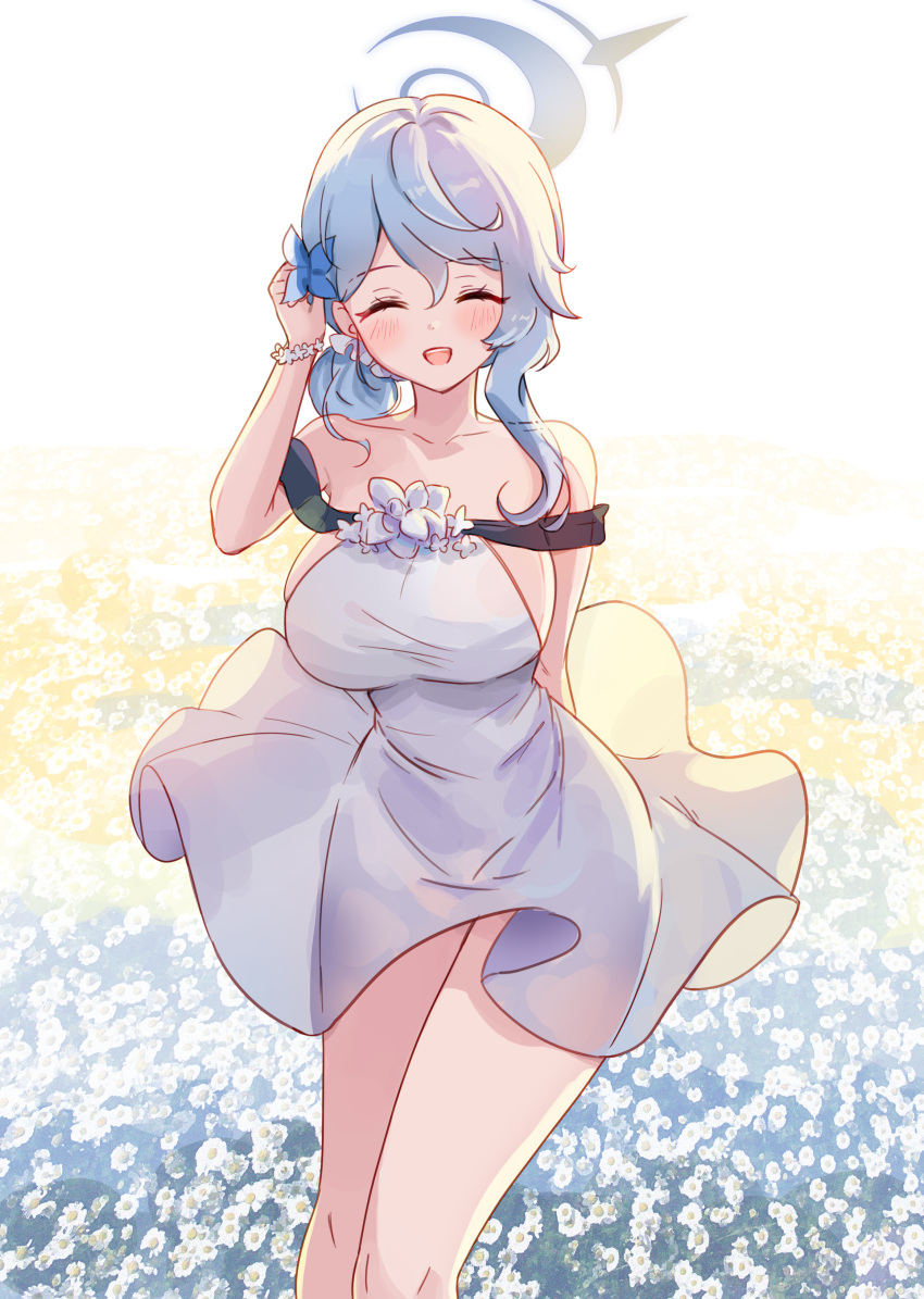 1girl ^_^ absurdres ako_(blue_archive) alternate_costume arm_behind_back ash_(cat7evy) bare_legs bare_shoulders blue_archive blue_hair blush breasts closed_eyes collarbone daisy dress feet_out_of_frame field flower flower_field hair_tucking halo highres large_breasts open_mouth sleeveless sleeveless_dress solo