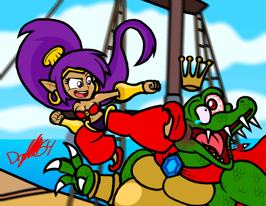 2021 anthro boat breasts captainquack64 claws clothing cloud crossover crown day donkey_kong_(series) duo ear_piercing ear_ring female footwear genie hair headgear hi_res humanoid humanoid_pointy_ears king_k._rool kremling long_hair nintendo piercing ponytail purple_hair ring_piercing scalie shantae shantae_(series) signature teeth toony vehicle violence water watercraft wayforward