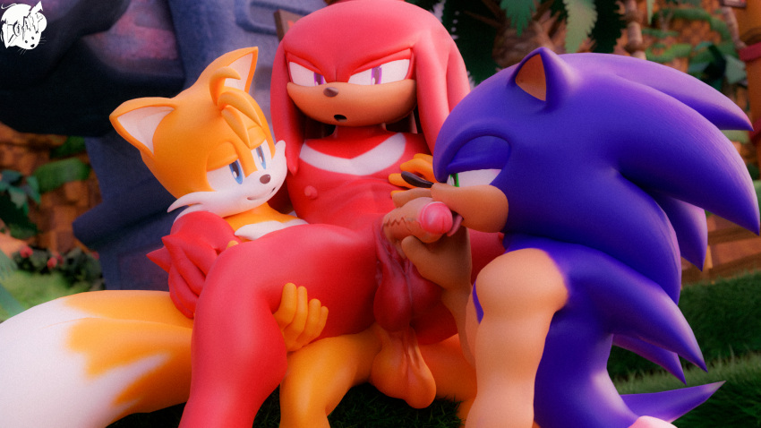 16:9 3d_(artwork) anthro blender_(software) blender_cycles canid canine digital_media_(artwork) echidna english_text eulipotyphlan fox genitals group hedgehog hi_res knuckles_the_echidna loafsfm male male/male mammal monotreme nipples pecs penis sega sonic_adventure sonic_the_hedgehog sonic_the_hedgehog_(comics) sonic_the_hedgehog_(series) tails_miles_prower text trio widescreen