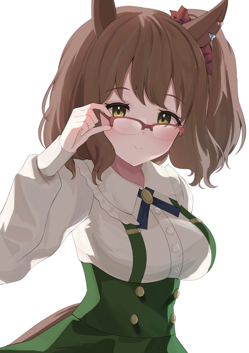 1girl absurdres adjusting_eyewear animal_ears aston_machan_(umamusume) bespectacled blush brown_hair buttons closed_mouth collared_shirt commentary_request double-breasted dress ear_ornament glasses green_dress green_eyes highres horse_ears horse_girl horse_tail juliet_sleeves long_sleeves looking_at_viewer medium_hair official_alternate_costume ponytail puffy_sleeves red-framed_eyewear semi-rimless_eyewear shirt simple_background smile solo tail umamusume white_background yokawa_nagi