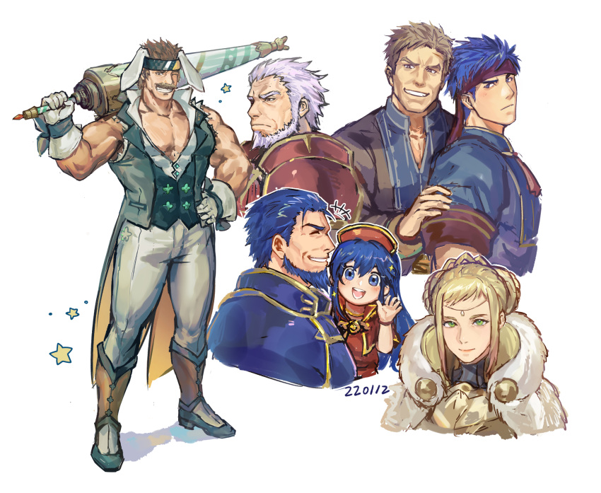 2girls 5boys animal_ears bara bare_arms beard beckoning biceps character_request clover ears_down easter facial_hair fire_emblem full_body gloves green_headband grin hand_on_another's_arm headband highres ike_(fire_emblem) ina_zuma large_pectorals light_blush light_purple_hair looking_at_viewer mature_male multiple_boys multiple_girls muscular muscular_male official_alternate_costume old old_man over_shoulder partially_unbuttoned pectoral_cleavage pectorals polearm rabbit_ears shirt short_hair sideburns sleeveless sleeveless_shirt smile sparkle spear standing thick_eyebrows thick_mustache thighs torn_clothes torn_shirt vest waving weapon weapon_over_shoulder wrinkled_skin yaoi