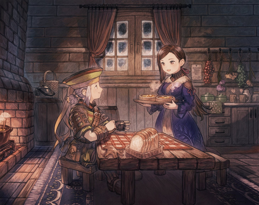 1boy 1girl bread brown_hair chair claire_(dewprism) closed_mouth dewprism fingerless_gloves fireplace food gloves hat long_hair maekakekamen open_mouth rue_(dewprism) single_glove sitting smile table window