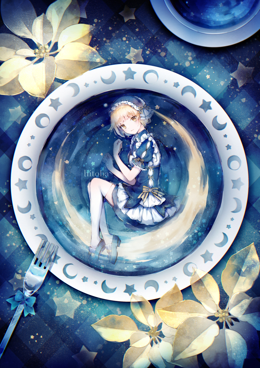 1girl absurdres artist_name blonde_hair blue_bow blue_dress blue_footwear blue_hairband blue_theme bow bowl crescent crescent_moon cup curled_fingers dress fetal_position flower footwear_bow fork frilled_dress frilled_hairband frilled_shirt_collar frilled_sleeves frills from_above gingham hairband highres hitoba legs lolita_hairband looking_at_viewer lying moon on_side open_mouth original plantar_flexion puffy_short_sleeves puffy_sleeves ribbon shoes short_hair short_sleeves sky solo star_(sky) star_(symbol) starry_sky striped striped_bow thighhighs white_thighhighs yellow_bow yellow_eyes yellow_flower