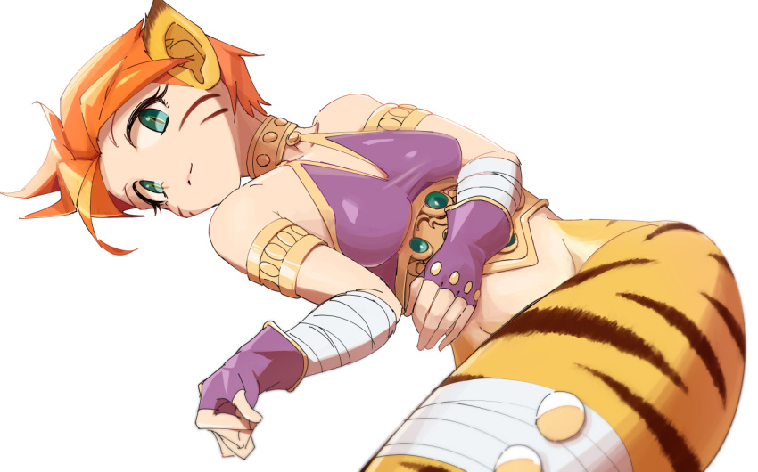 1girl animal_ears breasts breath_of_fire breath_of_fire_ii bustier cat_ears closed_mouth facial_mark gloves green_eyes ooo orange_hair pointy_ears rinpoo_chuan short_hair simple_background solo white_background