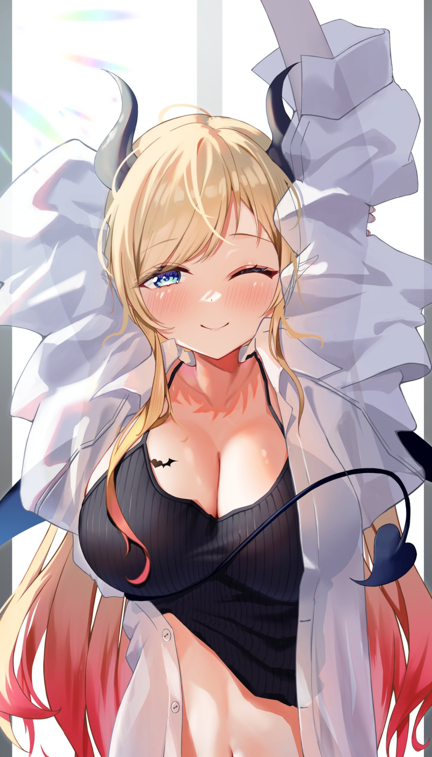 1girl absurdres alternate_costume arms_up black_camisole black_horns black_wings blonde_hair blue_eyes blush breasts camisole camisole_lift cleavage collarbone commentary demon_girl demon_horns demon_tail demon_wings gradient_hair heart heart_tail highres hololive horns large_breasts long_hair long_sleeves looking_at_viewer midriff multicolored_hair navel one_eye_closed puffy_long_sleeves puffy_sleeves red_hair ribbed_camisole see-through_silhouette shinka_(yonkun121) shirt smile solo stomach stretching sunlight swept_bangs tail upper_body virtual_youtuber waking_up white_shirt wings yuzuki_choco