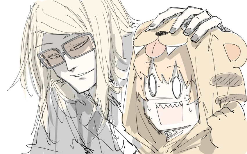 0_0 1boy 1girl animal_costume animal_ears animal_print black_nails blonde_hair fake_animal_ears fate/grand_order fate_(series) half-closed_eyes headpat jaguar_ears jaguarman_(fate) kankan33333 long_hair looking_at_viewer orange_hair scared sharp_teeth sketch sunglasses sweatdrop teeth tezcatlipoca_(fate) tiger_costume tiger_print upper_body