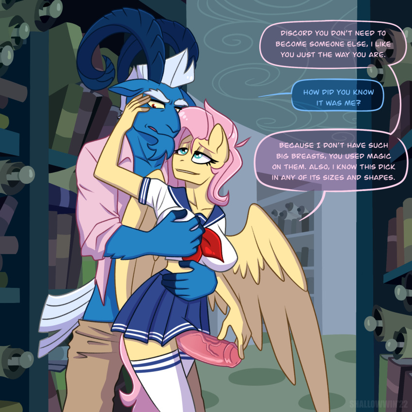 anthro anthrofied blue_eyes bottomwear bovid caprine clothing curled_horn dialogue discord_(mlp) disguise english_text equid equine erection female fluttershy_(mlp) friendship_is_magic genitals goat grogar_(mlp) hasbro hi_res horn library male male/female mammal my_little_pony pegasus penis penis_through_skirt penis_under_skirt shallowwin skirt text thighsex wings