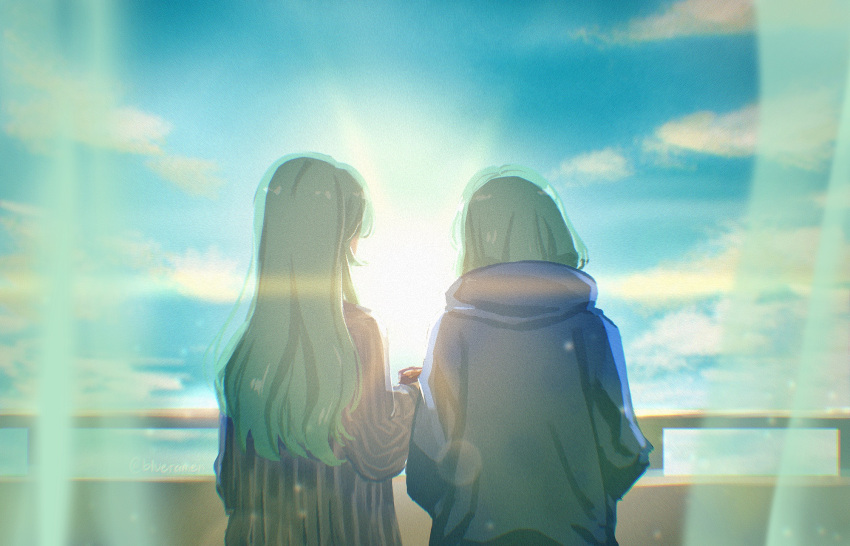 2girls aqua_hair balcony bang_dream! blue_hoodie blue_shirt blue_sky commentary_request drink highres hikawa_hina hikawa_sayo holding holding_drink hood hoodie light_rays long_hair medium_hair multiple_girls shirt siblings signature sisters sky sunrise twins watching xin_(blueramen)