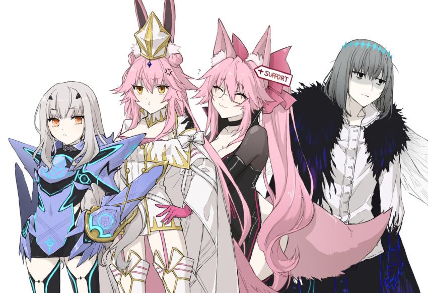 1boy 3girls anger_vein animal_ear_fluff animal_ears armor armored_dress arthropod_boy black_bodysuit black_eyes black_pants blue_armor blue_dress blue_thighhighs bodysuit bow breastplate breasts buttons cape choker cleavage closed_eyes coat collared_shirt detached_collar diamond_hairband double-breasted double_bun dragonfly_wings dress dress_shirt dual_persona fairy_knight_lancelot_(fate) fairy_knight_lancelot_(first_ascension)_(fate) fate/grand_order fate_(series) faulds forked_eyebrows fox_ears fox_girl fox_tail fur-trimmed_cape fur_trim garter_straps gauntlets glasses gloves grey_hair hair_between_eyes hair_bow hair_bun hat highres hip_vent insect_wings kino_kokko koyanskaya_(assassin)_(first_ascension)_(fate) koyanskaya_(assassin)_(third_ascension)_(fate) koyanskaya_(fate) large_breasts long_hair long_sleeves looking_at_viewer looking_to_the_side mask multiple_girls oberon_(fate) oberon_(third_ascension)_(fate) open_clothes open_coat orange_eyes pants pauldrons pink_bow pink_gloves pink_hair ponytail pout rabbit_ears shaded_face shirt short_dress short_hair shoulder_armor sidelocks small_breasts smile tail tamamo_(fate) thighhighs thighs very_long_hair weapon white_coat white_dress white_hair white_headwear white_shirt white_thighhighs wide_sleeves wings yellow_eyes