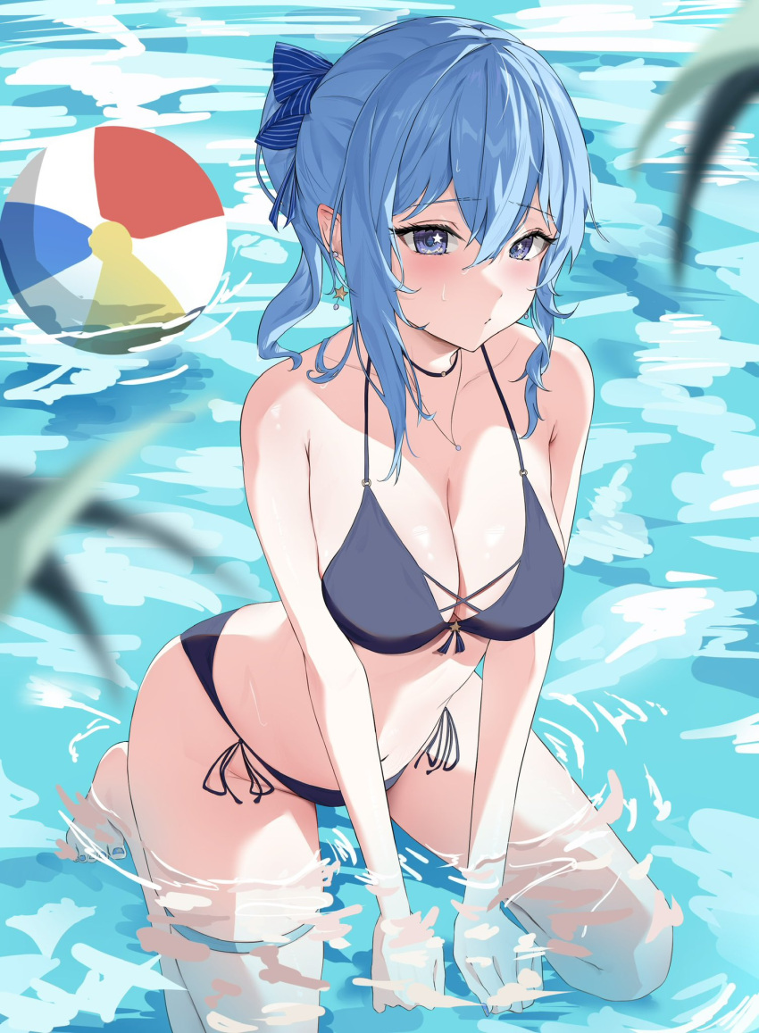 1girl ball beachball bikini blue_eyes blue_hair blush breasts cleavage collarbone commentary_request crossed_bangs earrings hair_between_eyes highres hololive hoshimachi_suisei jewelry large_breasts long_hair navel nenight partially_submerged side-tie_bikini_bottom sidelocks sitting solo star_(symbol) star_earrings star_in_eye string_bikini swimsuit symbol_in_eye thigh_strap thighs virtual_youtuber wariza water
