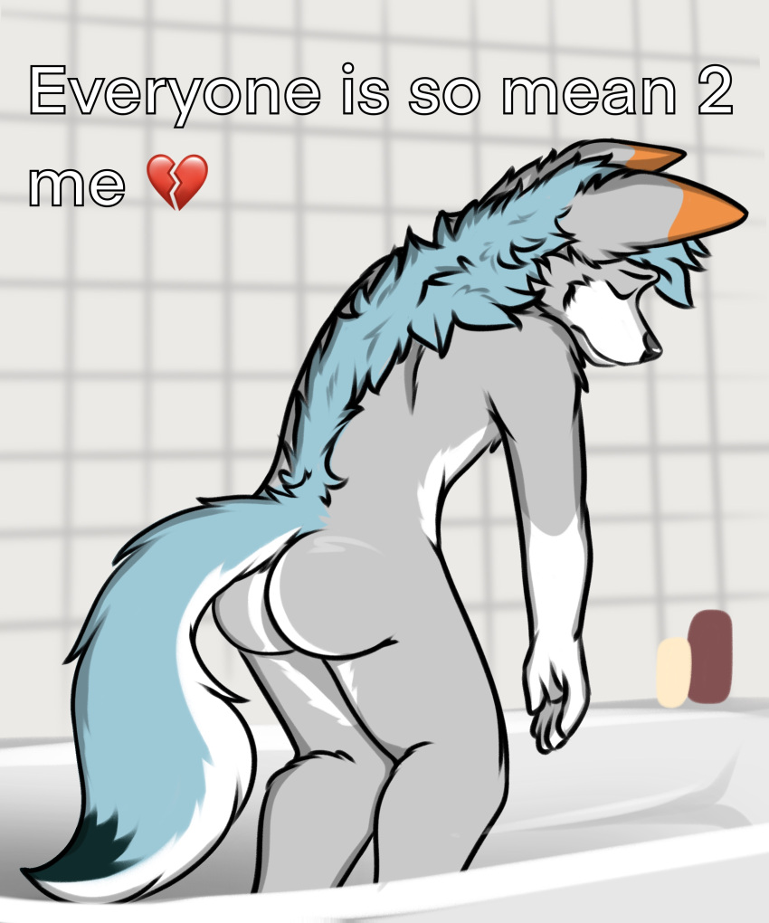 2023 absurd_res anthro bathroom butt canid canine canis english_text eyes_closed hi_res m4yson male mammal nude solo standing text wolf