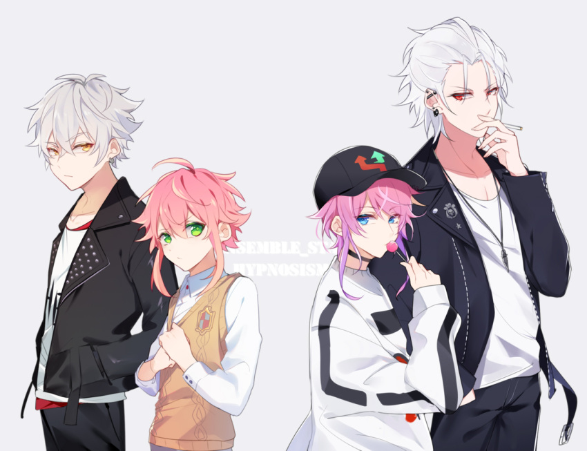 4boys 650057 amemura_ramuda aohitsugi_samatoki baseball_cap black_choker black_headwear black_jacket black_pants blue_eyes brown_sweater_vest choker cigarette collared_shirt copyright_name ensemble_stars! green_eyes grey_background grey_hair hat himemiya_tori holding holding_cigarette hypnosis_mic jacket jewelry long_sleeves male_focus multicolored_hair multiple_boys necklace ogami_koga pants pink_hair purple_hair red_eyes red_shirt shirt sweater_vest white_hair white_jacket white_shirt yellow_eyes